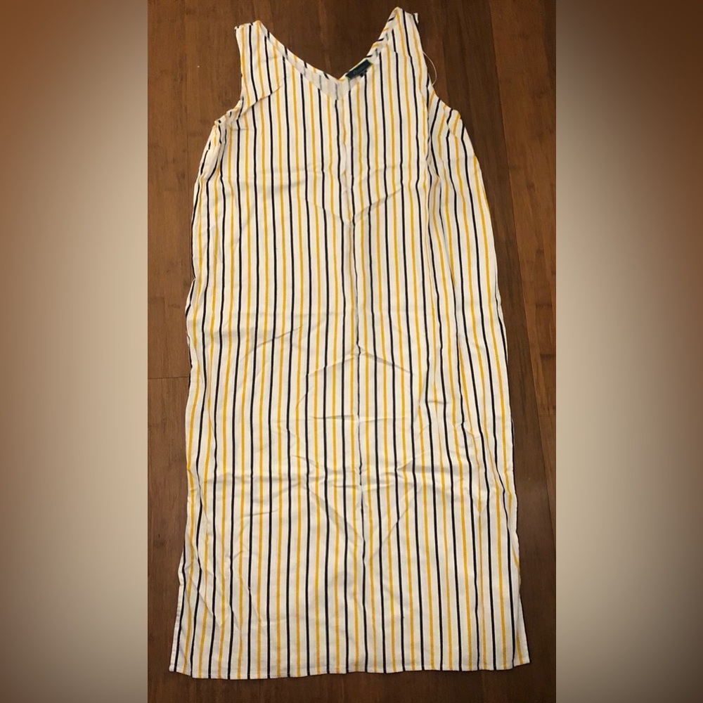 Striped Midi Maxi Dress Black Yellow Sleeveless Sheath C Wonder Linen blend L